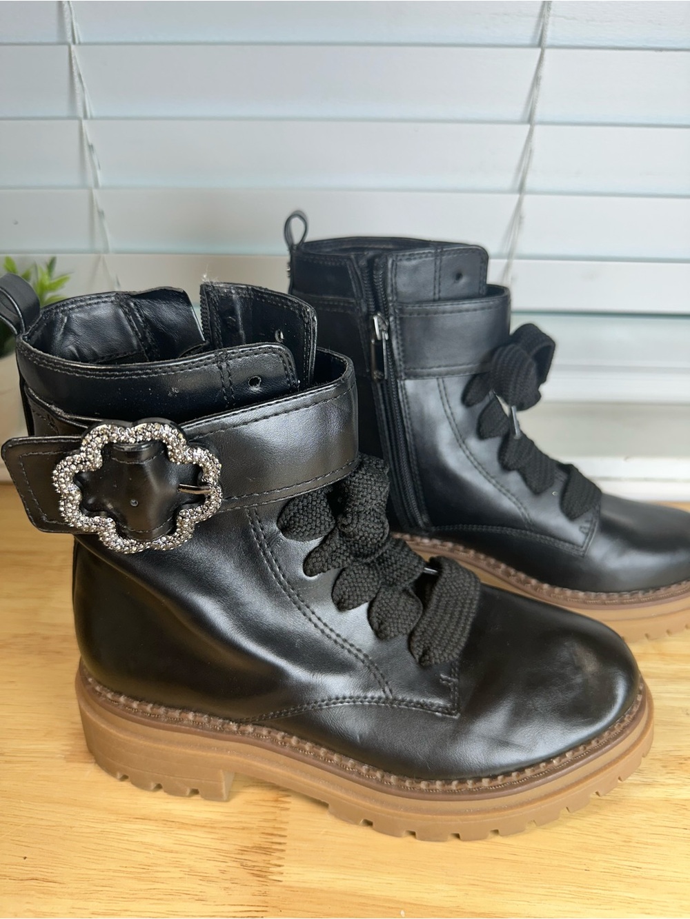 Sam & Libby women’s size 6 Black Lace-Up Combat Boots Rhinestone Buckle mcbling